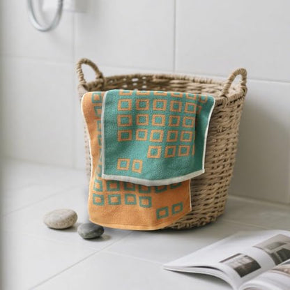 USTIDE 2-Pack Classic Checkered Hand Towels for Bathroom, Soft Absorbent Cotton Kitchen Towels with Green and Orange Pattern, Quick-Dry Gym & Travel Towels for Daily Use