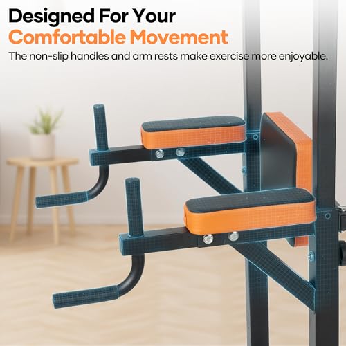 Power Tower Pull Up Bar,Pull Up Bar Station, 6-Level Adjustable Pull Up Dip Station for Home Gym, 450 Lbs Weight Capacity, Strength Training Fitness Workout Equipment with Power Elastic Ropes
