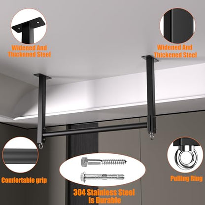 Ceiling Mounted Pull Up Bar, Heavy Duty 700 LBS Multi Grip Pull Up Bars, 16"/24" Rafter Chin Up Bar, Ceiling Joist for Garage/Gym/Basement with Comfortable Grip & Round Anchors, Easy to Install - color: Black