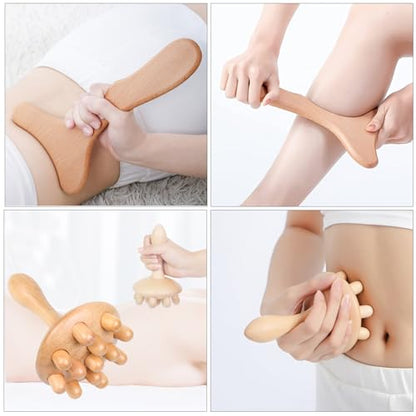 Wood Therapy Massage Tools 5-in-1 Lymphatic Drainage Massager Maderoterapia Kit Wooden Massager Body Sculpting Tools for Muscle Pain Relief, Anti-Cellulite, Body Contouring and Shaping