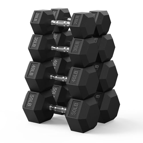PAPABABE Hex Dumbbell Set 45-550 lb, Rubber Encased Home Gym Dumbbells, Weights Dumbbells for Women & Men, Hand Weight for Strength Training - size: 280 lb Set (Pair of 20, 30, 40, 50), style: Chrome Grip