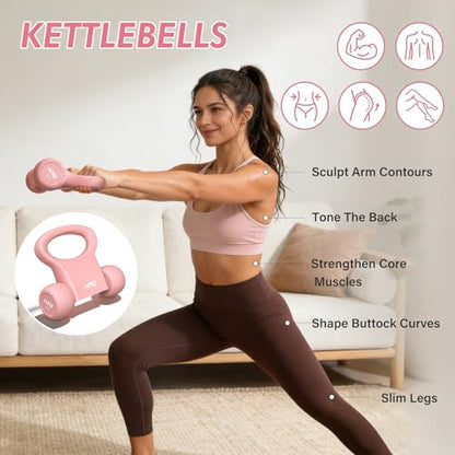 HTQ Adjustable Dumbbell Set for Women, 2-17LBS Total Plate Weight Home Workout Equipment with Kettlebell, Wrist Weights, Resistance Tube, Jump Rope, Pink/Green Free Weights Set for Women at Home - color: Pink