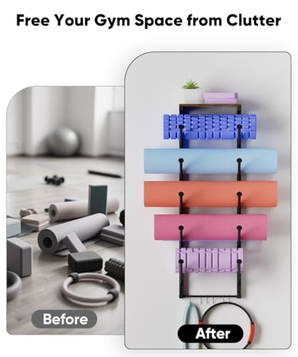 5 Tiers Yoga Mat Holder Rack Wall Mount with 6 Hooks for Hanging Accessory Yoga Strap Foam Rollers Resistance Bands, Yoga Mats Organizer with Floating Shelf for Home Gym Storage Fitness