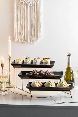 LYEOBOH 3 Tier Serving Tray, Porcelain Tiered Serving Stand with Platters - color: Black, style: 14inch Rectangle platter