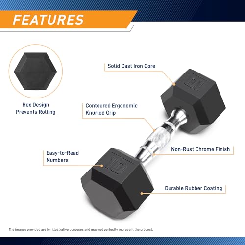 Marcy Classic Rubber Hex Dumbbell with Knurled Grip for Strength Training and Bodybuilding, 5lb - 50lb Single Dumbbell for Exercise & Fitness, Sold Individually - style: 10lb, Single