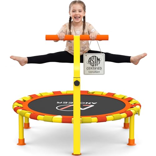 ANCHEER 38'' Kids Trampoline with Adjustable Handle, Indoor Outdoor Safe Rebounder, Heavy-Duty Recreational Trampoline with Safety Bar for Toddlers & Kids Home Play, 150lbs Weights Capacity
