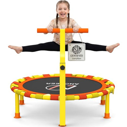 ANCHEER 38'' Kids Trampoline with Adjustable Handle, Indoor Outdoor Safe Rebounder, Heavy-Duty Recreational Trampoline with Safety Bar for Toddlers & Kids Home Play, 150lbs Weights Capacity
