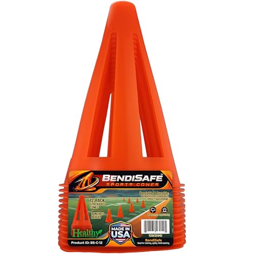 Healthy Surplus Soccer Training Markers (12) - Flexible Agility Markers for Soccer, Football, Hockey & Basketball Drills - High Visibility Orange Field Markers - Made in USA - BendiSafe