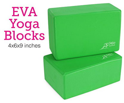 Yoga Accessories Set - Includes 2 Yoga Blocks, 1 Microfiber Non Slip Mat Towel 72X24, 1 Microfiber Hand Towel 24X15, 1 Yoga Strap, 1 Pair of Yoga Socks (Green)