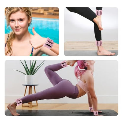Adjustable Ankle Weights for Women - Non - slip Silicone, 2 - Pack 1lb Each, Leg weights, Black & Pink