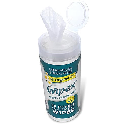 Wipex Fitness Equipment Wipes - EWG Verified - 50 Ct Original Natural Plant Based Gym Wipes for Equipment, Clean Surfaces at Home or Gym, Use as a Yoga Mat Cleaner, Lemongrass, Eucalyptus & Vinegar