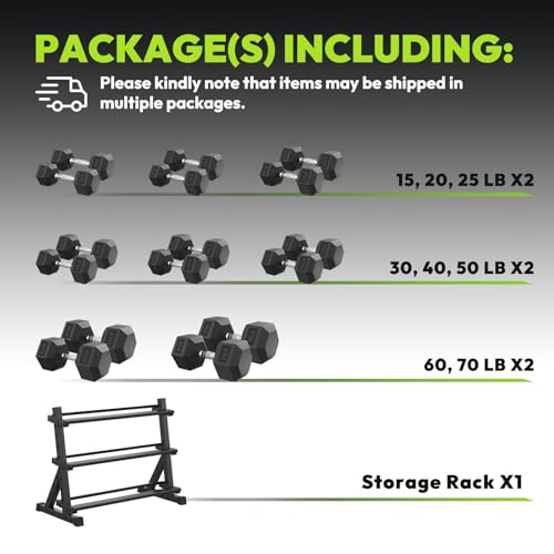 HANDBODE Hex Dumbbell Set with Rack, 300-840 lb Rubber Coated Fixed Weights Sets with Heavy Duty Storage Stand, Hexagon Shape, Multiple Weight Options Home Gym Equipment for Strength Training - style: 620 lb Set (15-70 lb) with Rack