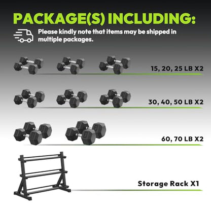 HANDBODE Hex Dumbbell Set with Rack, 300-840 lb Rubber Coated Fixed Weights Sets with Heavy Duty Storage Stand, Hexagon Shape, Multiple Weight Options Home Gym Equipment for Strength Training - style: 620 lb Set (15-70 lb) with Rack