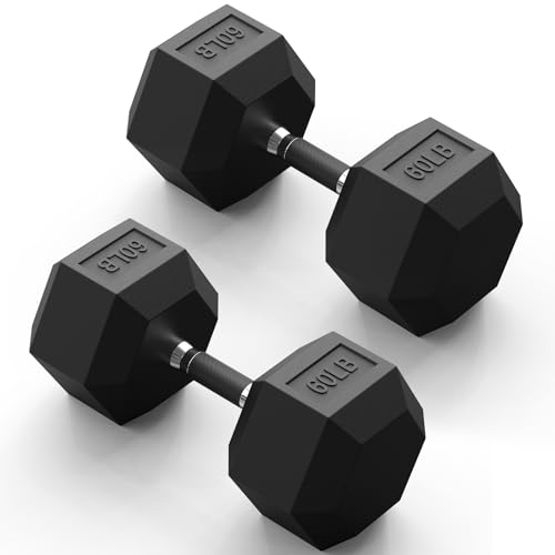 PAPABABE Hex Dumbbell Set with Rubber Grip 2.5-125lb, Odorless Rubber Coated Weight Fixed Dumbbells Set of 2/Single, Weights for Women at Home, Hand Weights for Home Gym & Strength Training,Pesas Para Ejercicios - size: 60 lb, Pair, style: Rubber Grip