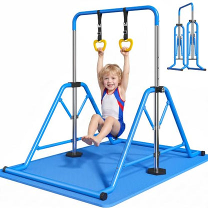 Expandable Gymnastics Bars 45''-61'' with Side Support Bars for Kids - color: Blue with rings and mat