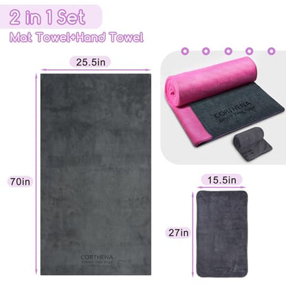 Hot Yoga Mat Towel Set – Non-Slip 600GSM Thickened Microfiber Yoga Mat Cover (70"x25.5") + Hand Towel – Super Absorbent, Skidless Sweat Towel for Hot Pilates, Bikram & Fitness, Dark Pink