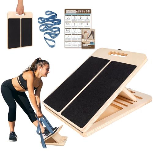 Slant Board for Calf Stretching, Adjustable Wooden Calf Stretch Board with Stretch Strap & Training Poster, 300 Lbs Weight Capacity Velour Board for Calf Ankle Achilles Physical Therapy Leg Exercisers