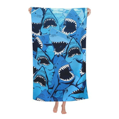 WIBUE Shark Microfiber Oversized Beach Towel, Lightweight Quick Dry Sandproof Towels 60”x30” for Swim Pool Yoga Gym Camping Beach Essentials Accessories Vacation Gift (Shark 1)