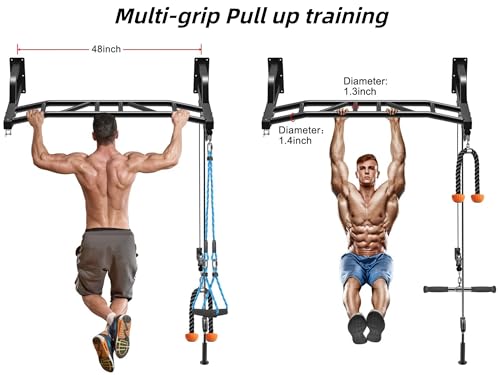 SELEWARE 48'' Heavy Duty Pull Up Bar Wall Mount Multi-function Chin up Bar with Home Gym Cable Pulley System LAT Pulldown Workout Attachments Heavy Bag Hanger - color: A. Black Pull Up Bar with Cable Pulley System