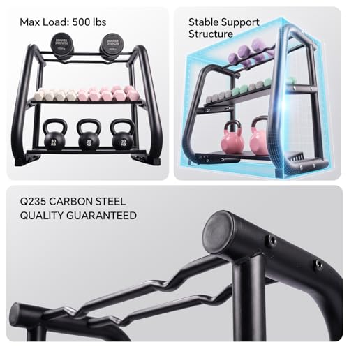 3-Tier Dumbbell Rack, Weight Rack for Dumbbells, Home Gym Storage for Dumbbells Kettlebells Yoga Mat and Balls, All in One Workout Storage, Powder Coated Finish Steel