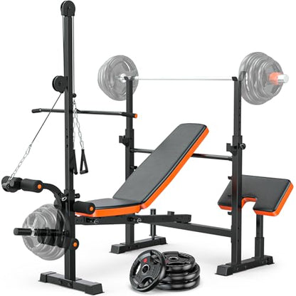 XDDIAS Bench Press Set, 880LBS Adjustable Weight Bench with Leg Extension and Preacher Curl Pad, 8 IN 1 Multi-Function Gym Bench with LAT Pulldown Pulley System, Full-Body Workout Home Gym Equipment - color: Black