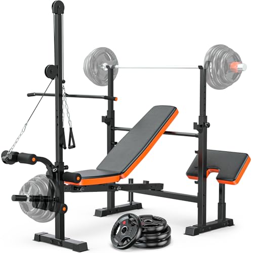 XDDIAS Bench Press Set, 880LBS Adjustable Weight Bench with Leg Extension and Preacher Curl Pad, 8 IN 1 Multi-Function Gym Bench with LAT Pulldown Pulley System, Full-Body Workout Home Gym Equipment - color: Black