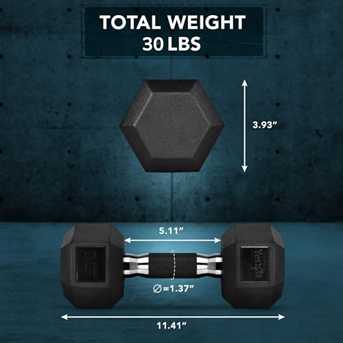 Yes4All Chrome/Rubber Grip Encased Hex Dumbbells – Hand Weights With Anti-Slip 10-30 LBS Pair - color: C. 15lbs - Pair, style: Rubber Grip