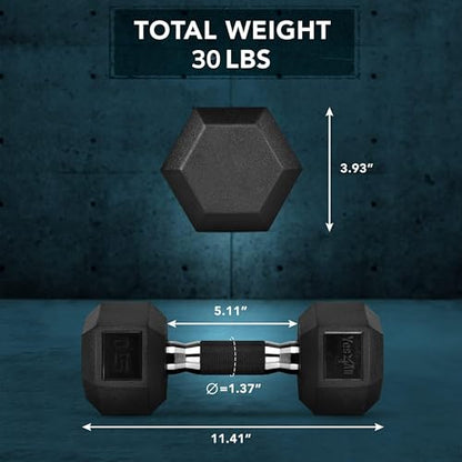 Yes4All Chrome/Rubber Grip Encased Hex Dumbbells – Hand Weights With Anti-Slip 10-30 LBS Pair - color: C. 15lbs - Pair, style: Rubber Grip