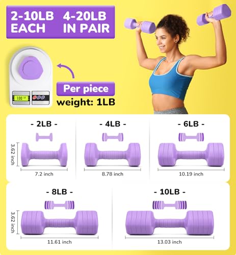 Adjustable Dumbbell Set of 2, 10LB 20LB 30LB Weight Set - color: Purple, size: 20 lbs Total-(10LB Each)