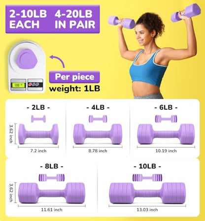 Adjustable Dumbbell Set of 2, 10LB 20LB 30LB Weight Set - color: Purple, size: 20 lbs Total-(10LB Each)