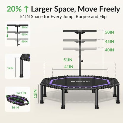 BCAN BT3 51" Octagonal Rebounder Trampoline for Adults, 450LBS Max Load Fitness Trampoline with Large Jumping Area, Silent Bungee Mini Trampoline with T-Adjustable Handle for Home Gym