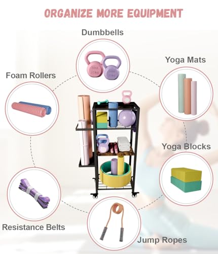 Yoga Mat Storage Rack with Wheels, 3 Tier Home Gym Workout Equipment Organizer for Dumbbells, Kettlebells, Foam Rollers