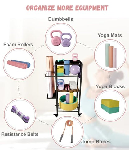 Yoga Mat Storage Rack with Wheels, 3 Tier Home Gym Workout Equipment Organizer for Dumbbells, Kettlebells, Foam Rollers