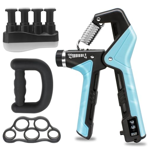 Hand Grip Strengthener - Adjustable Resistance 11-220Lbs Forearm Strength Trainer with Counting, Silicone Grip Ring & Hand Exercise for Quickly Increasing Wrist Forearm and Finger Strength Combo Set - color: Blue Combo Set