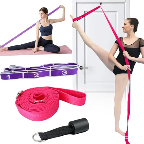 Danzcue Ballet Stretch Strap Set – Professional Dance Flexibility Trainer with Door Anchor, Extra Long Non-Slip Stretching Bands for Ballet, Jazz, Contemporary & Gymnastics - color: Rose Red+Purple