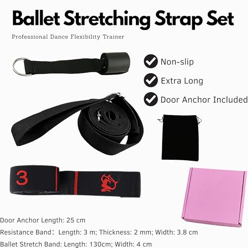 Danzcue Ballet Stretch Strap Set – Professional Dance Flexibility Trainer with Door Anchor, Extra Long Non-Slip Stretching Bands for Ballet, Jazz, Contemporary & Gymnastics