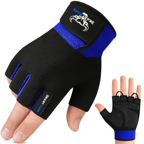 BEAST RAGE Workout Gloves for Men, Durable Palm Grip Gym Gloves Women Half Finger Elasticated Training Weight Lifting Strength Bodybuilding Anti Slip Cycling Gloves Exercise - color: Blue, size: X-Large
