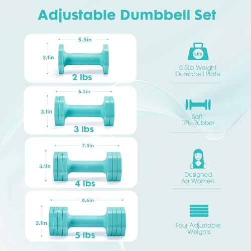 EQUIPRO Adjustable Dumbbell Set, 4 in 1 Free Weights Dumbbells Set for Women, Weights for Women at Home, 2lb 3lb 4lb 5lb with TPU Soft Rubber Handle for Home Gym Exercise Training - color: Blue