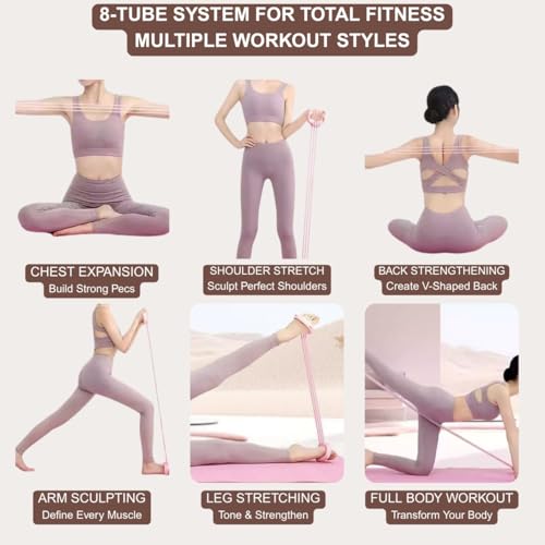 Resistance Bands with Handles - 8 Tube Adjustable Figure 8 Exercise Bands Set for Women & Men, Heavy Duty Workout Bands for Home Gym, Physical Therapy, Strength Training & Full Body Fitness