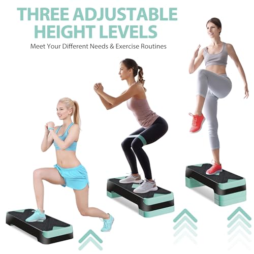 26.5" Aerobic Step Platform, Adjustable Height Exercise Workout Stepper, Stackable Risers Stepper for Exercise at Home Gym Workouts Fitness Equipment, Green