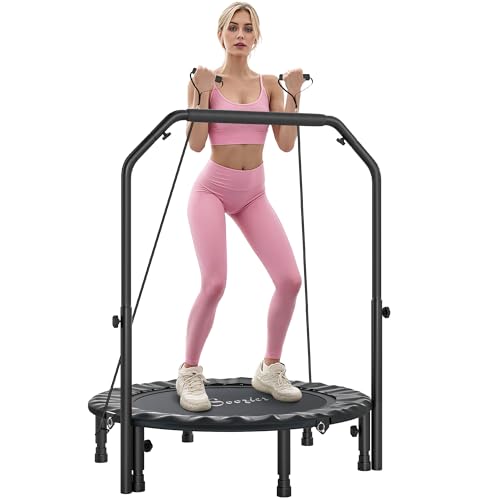 Soozier 40" Foldable Mini Trampoline, Rebounder Trampoline for Adults with Adjustable Foam Handle and Resistance Bands, Fitness Rebounder for Indoor Outdoor Workout, Max Load 330 lbs