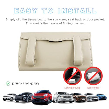 Car Tissue Holder, Leather Sun Visor Napkin Holder, Auto Backseat Tissue Mask Case Dispenser for Most Vehicles, Universal Interior Car Accessories Hanging Tissues (Beige)