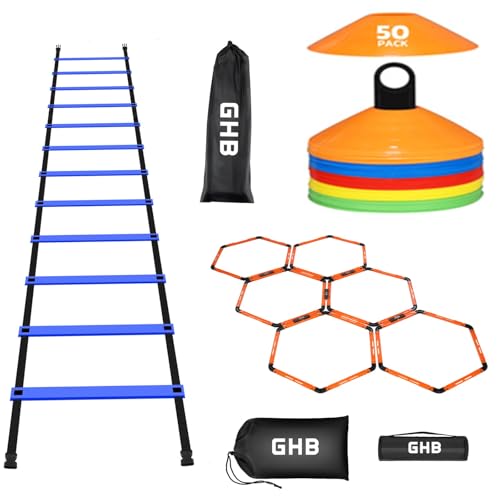 GHB Agility Ladder 1PCS Agility Cones 50PCS Hex Agility Rings 1 Pack