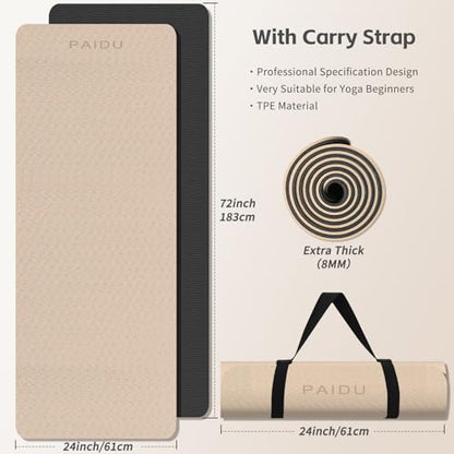 PAIDU Yoga Mat 8mm Super Thick TPE Fitness Mat | SGS Certified | Non-Slip, Odorless & Tear-Resistant | Unisex with Strap | for Yoga, Pilates, Meditation & Home Workouts