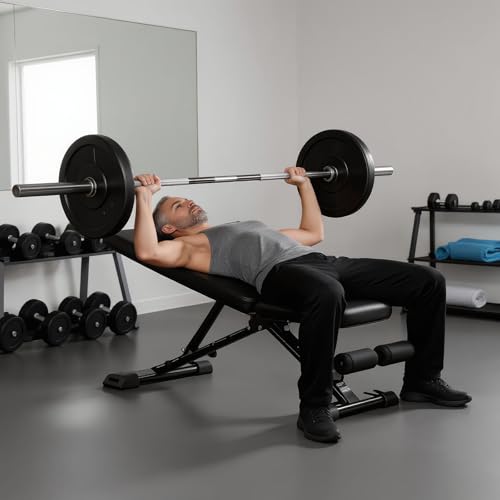 Foldable Adjustable Weight Bench with 2 Resistance Bands – Multi-Purpose Strength Training Bench for Home Gym, Incline/Decline/Flat Positions, Heavy Duty 600LBS Capacity, Quick Fold Storage