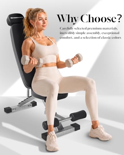 Fitness Bench, Adjustable, Comfortable, Fashionable, Foldable and Extended Headrest with 192 Positions Incline Decline 900LBS Home Gym Bench for Strength Training