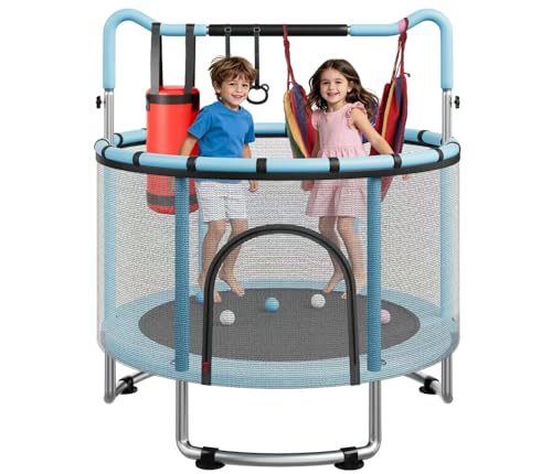 55/60" Trampoline for Kids, 4.5/5 FT Toddler Trampoline with Enclosur Net, Basketball Hoop & Sandbag, 440 LBS Capacity, Adjustable Height，Gifts for Ages 3-12 Boys & Girls