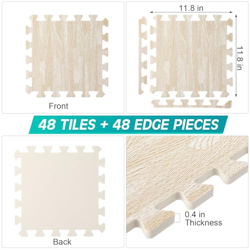 48 Pcs Printed Foam Tiles Bulk 12 x 12 Inch Interlocking Foam Mats Wood Grain Puzzle Floor Mat Tiles EVA Floor Padding Exercise Flooring with Border for Home Gym Playroom Kids(White)