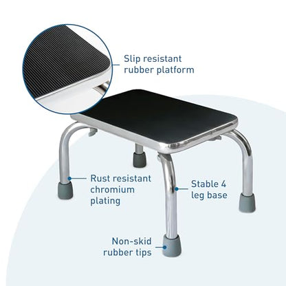 BodyMed Heavy-Duty Foot Step Stool with Non-Slip Rubber Platform for Seniors & Adults – Holds up to 300lbs, 9 ½ in. Step Up, 18”L x 11.5”W x 9.5”H - color: Chrome Without Handle