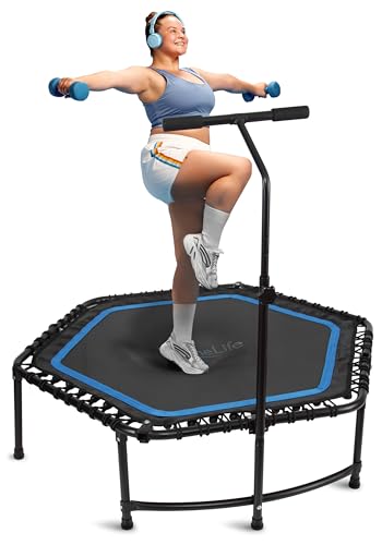 SereneLife 40"/50" Mini Trampoline for Adults - 450/550LBS Fitness Trampoline with Reinforced Springs & Adjustable Safety Handle - Stable & Quiet Supports Whole-Body Workout & Relaxation